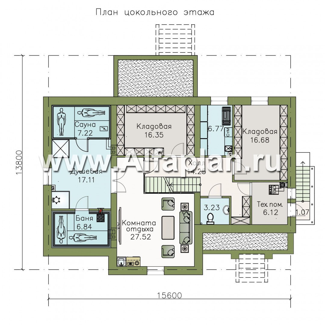 «Волга» - проект дома с мансардой, с террасой, планировка 3 жилых комнаты на 1 эт и второй свет в гостиной, с цокольным этажом - план дома