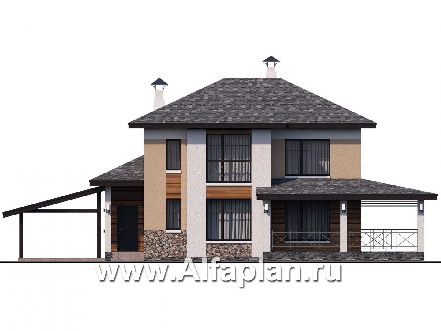 Проекты домов Альфаплан - «Стимул» - проект двухэтажного дома с угловой террасой, планировка с кабинетом на 1 эт, в современном стиле, с навесом на 1 авто - изображение фасада №1