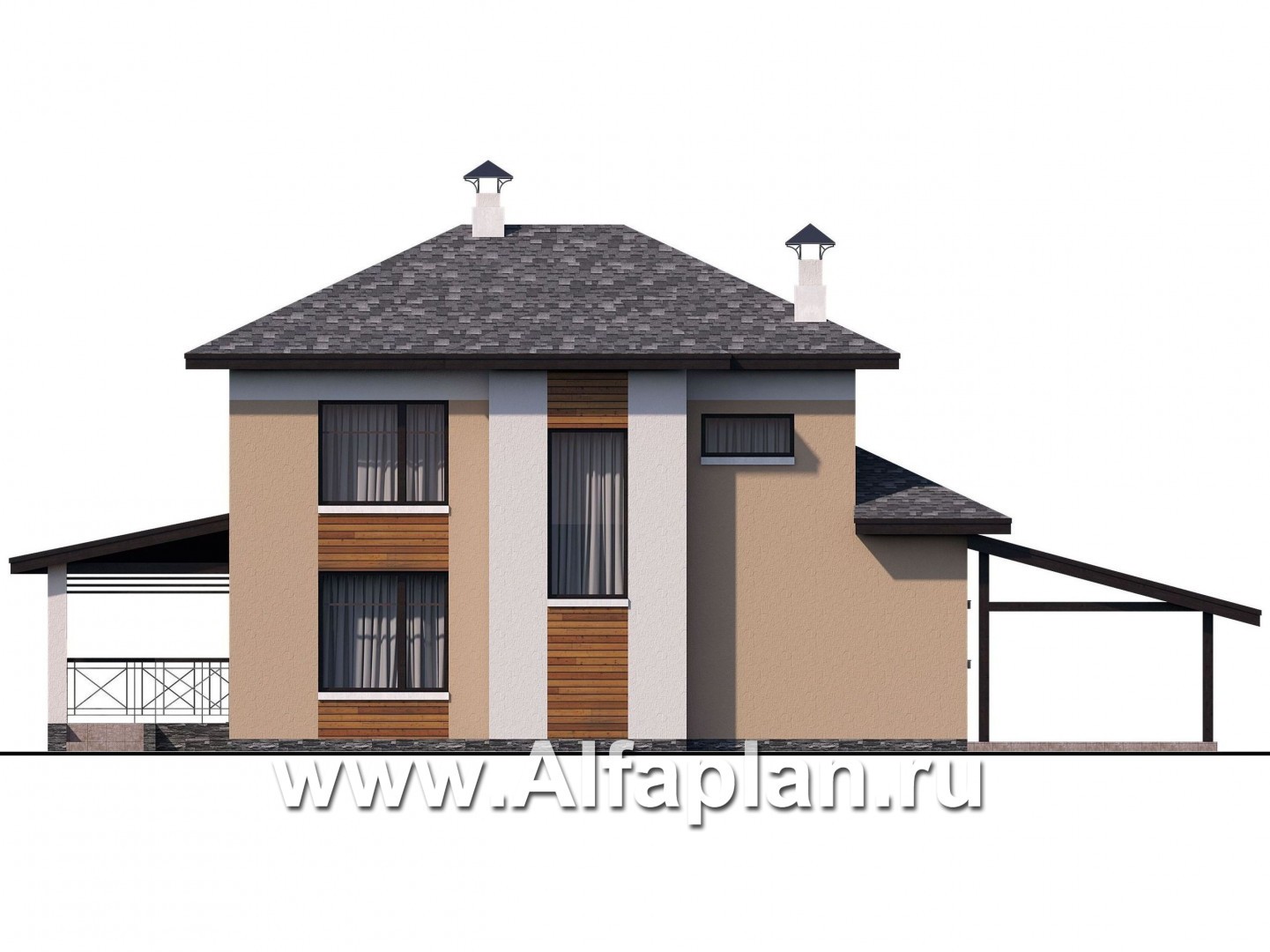 Проекты домов Альфаплан - «Стимул» - проект двухэтажного дома с угловой террасой, планировка с кабинетом на 1 эт, в современном стиле, с навесом на 1 авто - изображение фасада №4