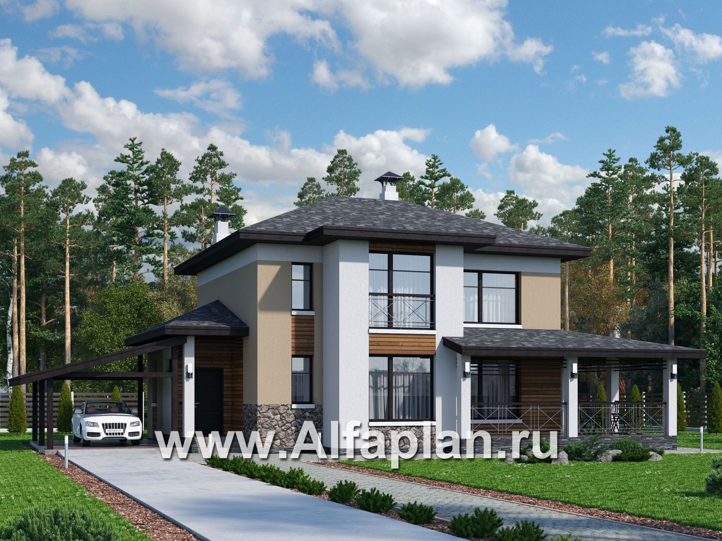 Проекты домов Альфаплан - «Стимул» - проект двухэтажного дома с угловой террасой, планировка с кабинетом на 1 эт, в современном стиле, с навесом на 1 авто - основное изображение