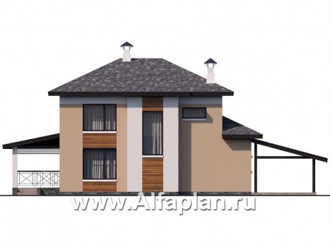 Проекты домов Альфаплан - «Стимул» - проект двухэтажного дома с угловой террасой, планировка с кабинетом на 1 эт, в современном стиле, с навесом на 1 авто - превью фасада №4