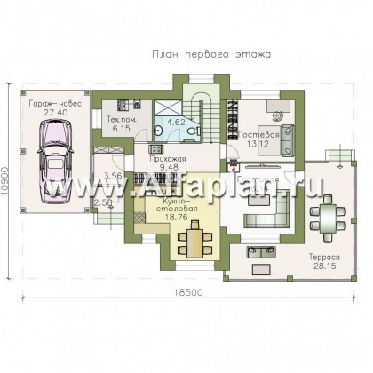 Проекты домов Альфаплан - «Стимул» - проект двухэтажного дома с угловой террасой, планировка с кабинетом на 1 эт, в современном стиле, с навесом на 1 авто - превью плана проекта №1