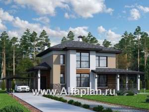 Проекты домов Альфаплан - «Стимул» - проект двухэтажного дома с угловой террасой, планировка с кабинетом на 1 эт, в современном стиле, с навесом на 1 авто - превью основного изображения