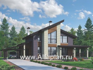 Проекты домов Альфаплан - 792В - «Стимул» - проект стильного двухэтажного дома с гаражом-навесом - превью основного изображения