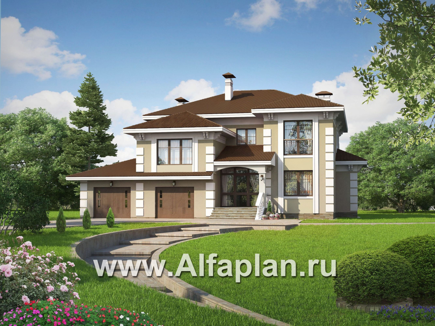 Проекты домов Альфаплан - «Привилегия» - элегантный коттедж с большим гаражом и террасой - основное изображение