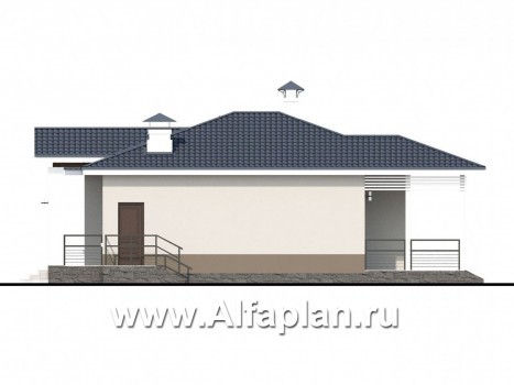 «Бирюса» - проект одноэтажного коттеджа, с террасой, планировка 2 спальни, для небольшой семьи - превью фасада дома