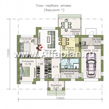 Проекты домов Альфаплан - «Бирюса» - одноэтажный коттедж для небольшой семьи, с теплым гаражом - превью плана проекта №1