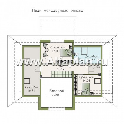 «Волга» - проект дома с мансардой, из газобетона, с террасой, планировка с тремя жилыми комнатами на 1 этаже и вторым светом - превью план дома