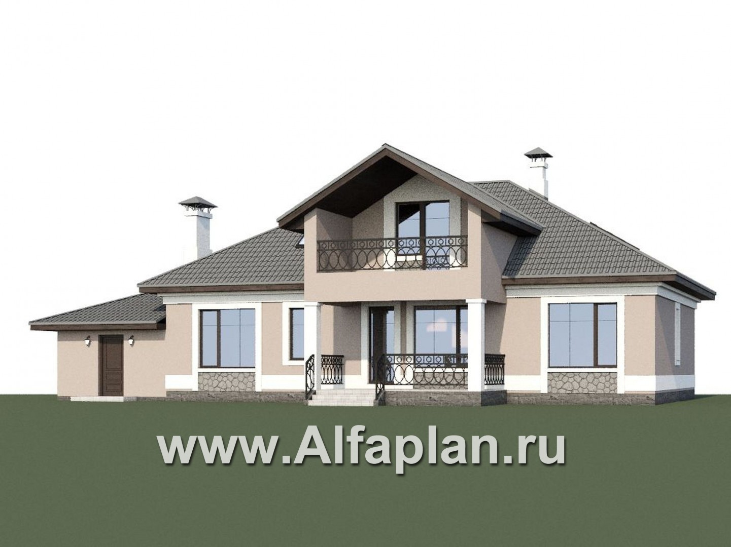 Проекты домов Альфаплан - «Волга» - коттедж с 3-я жилыми комнатами на 1 этаже, жилой мансардой и гаражом - дополнительное изображение №1