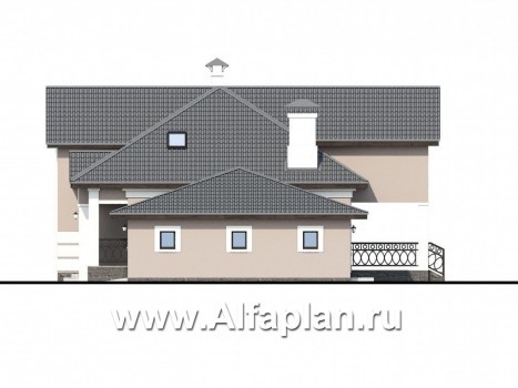 Проекты домов Альфаплан - «Волга» - проект дома с мансардой, из газобетона, с террасой, планировка с тремя жилыми комнатами на 1 этаже и вторым светом  и гаражом, с гаражом - превью фасада №2