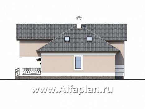 Проекты домов Альфаплан - «Волга» - коттедж с 3-я жилыми комнатами на 1 этаже, жилой мансардой и гаражом - превью фасада №3