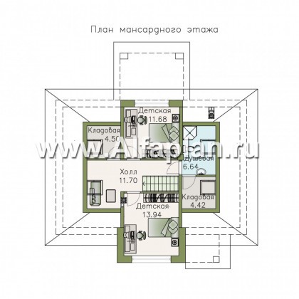 «Простоквашино» - проект дома с мансардой, из газобетона, с террасой, планировка мастер спальня - превью план дома