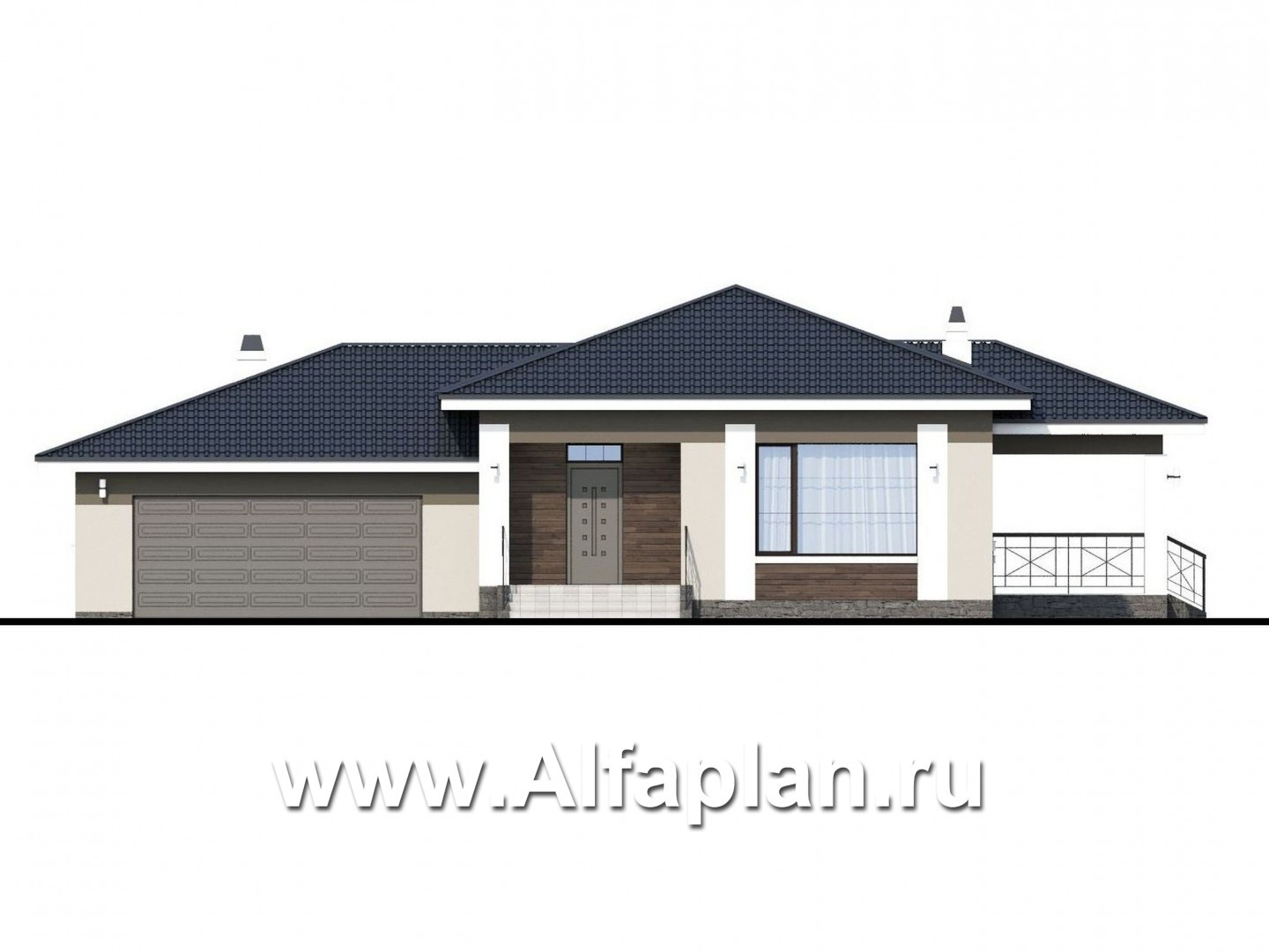 Проекты домов Альфаплан - «Ариадна» - одноэтажный дом с большим гаражом - изображение фасада №1