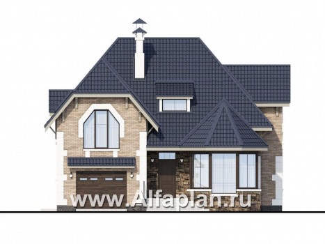 Проекты домов Альфаплан - «Корона» - коттедж с гаражом и красивым эркером - превью фасада №1