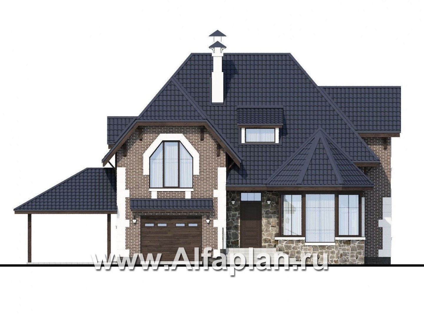 Проекты домов Альфаплан - «Корона» - коттедж с гаражом, навесом и красивым эркером - изображение фасада №1
