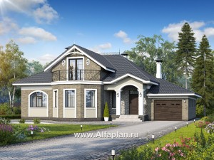 Проекты домов Альфаплан - «Валдай» - мансардный дом с гаражом и красивым эркером - превью основного изображения