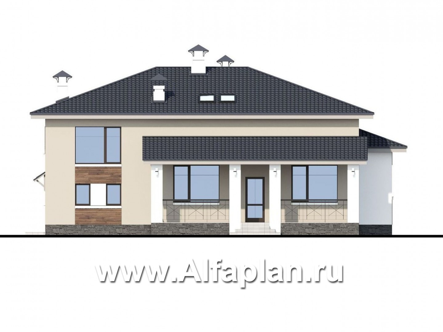 Проекты домов Альфаплан - «Мажестик» - современный проект коттеджа в полтора этажа, с гаражом - изображение фасада №4