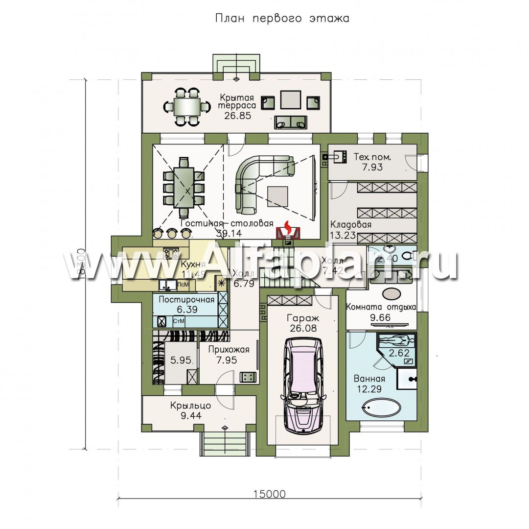 Проекты домов Альфаплан - «Мажестик» - современный проект коттеджа в полтора этажа, с гаражом - план проекта №1