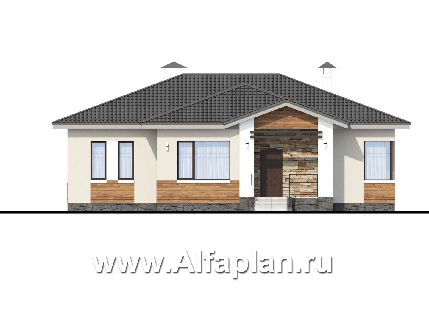 Проекты домов Альфаплан - «Витамин» - одноэтажный дом с большой гостиной и крытой террасой - изображение фасада №1