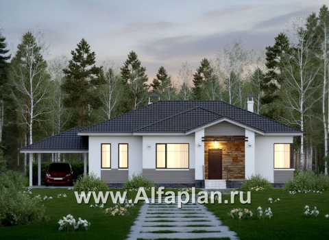 «Витамин» - проект одноэтажного дома, план мастер спальня и терраса, навес на 1 авто, в современном стиле - превью дополнительного изображения №1