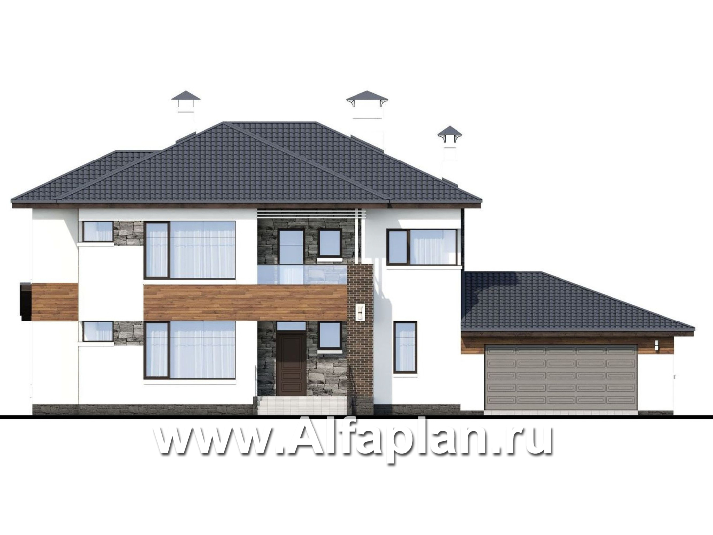 Проекты домов Альфаплан - «Прайд» - современный коттедж с остекленной верандой и гаражом - изображение фасада №1