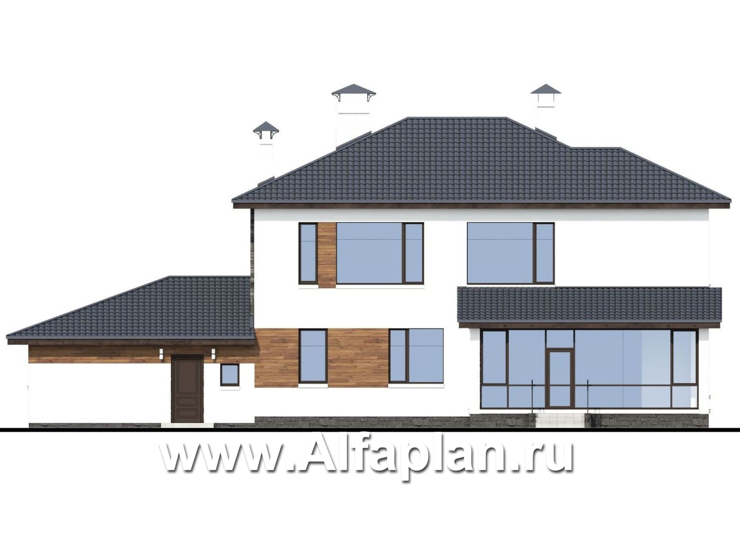 Проекты домов Альфаплан - «Прайд» - современный коттедж с остекленной верандой и гаражом - изображение фасада №4