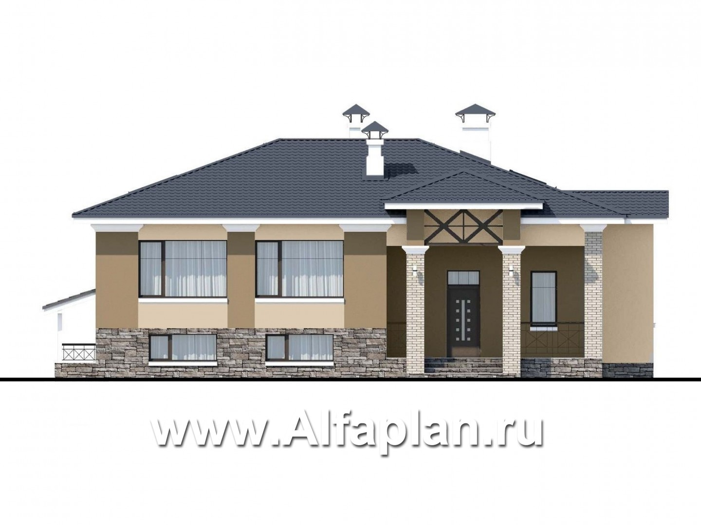 Проекты домов Альфаплан - «Суверен» - полутораэтажный коттедж с небольшим цоколем и мансардой - изображение фасада №1