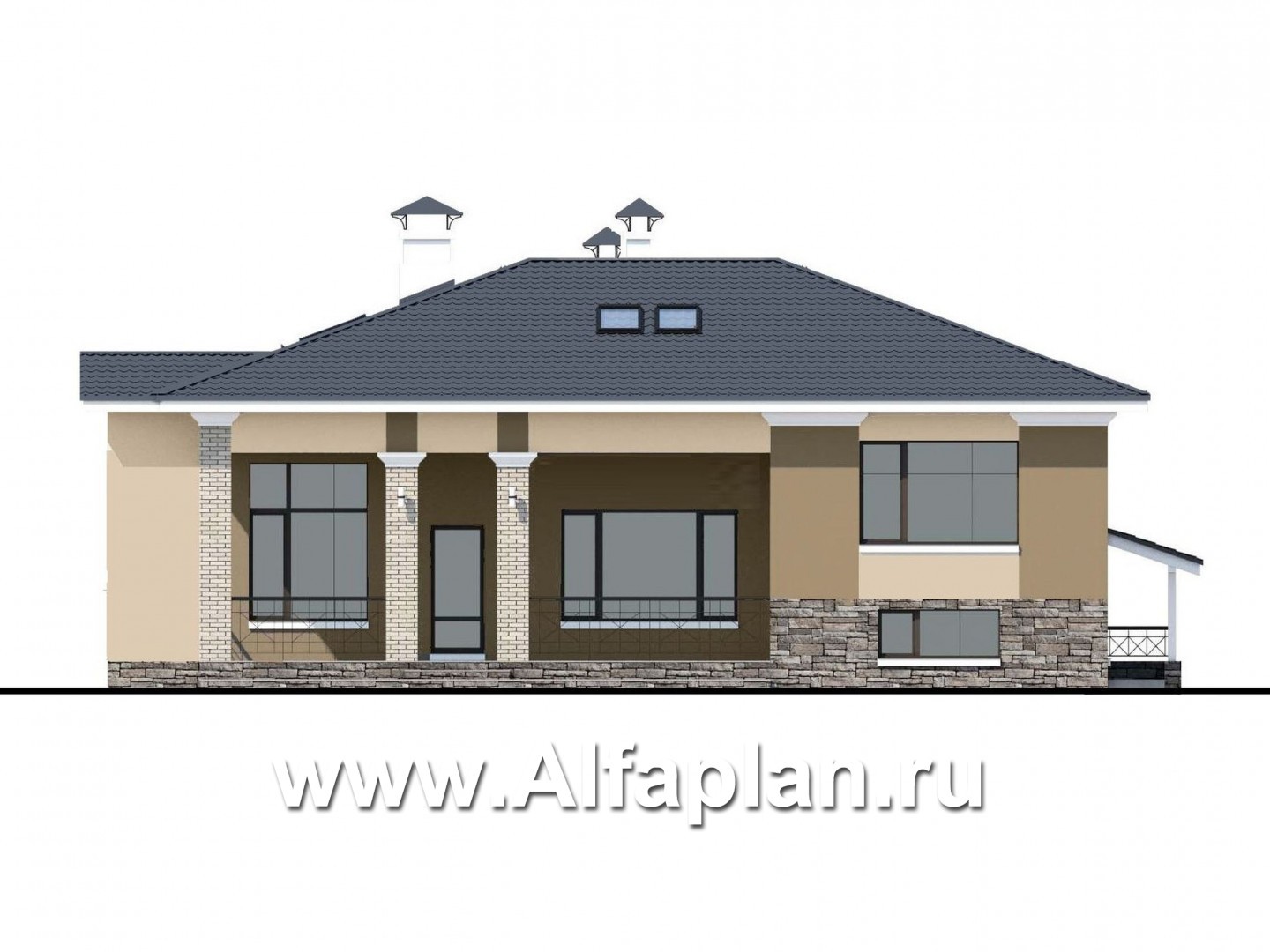 Проекты домов Альфаплан - «Суверен» - полутораэтажный коттедж с небольшим цоколем и мансардой - изображение фасада №4