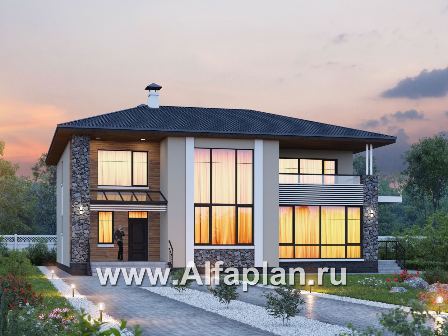Проекты домов Альфаплан - «Семь звезд» - современный коттедж с панорамными окнами - основное изображение