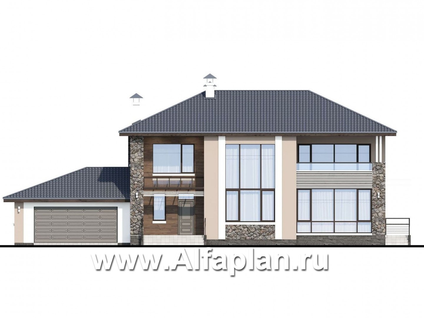 Проекты домов Альфаплан - «Семь звезд» - современный коттедж с панорамными окнами и гаражом - изображение фасада №1