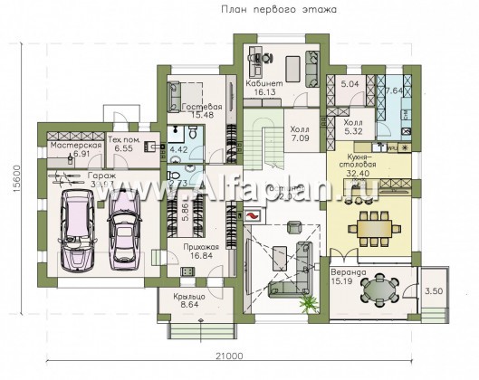 Проекты домов Альфаплан - «Семь звезд» - современный коттедж с панорамными окнами и гаражом - превью плана проекта №1