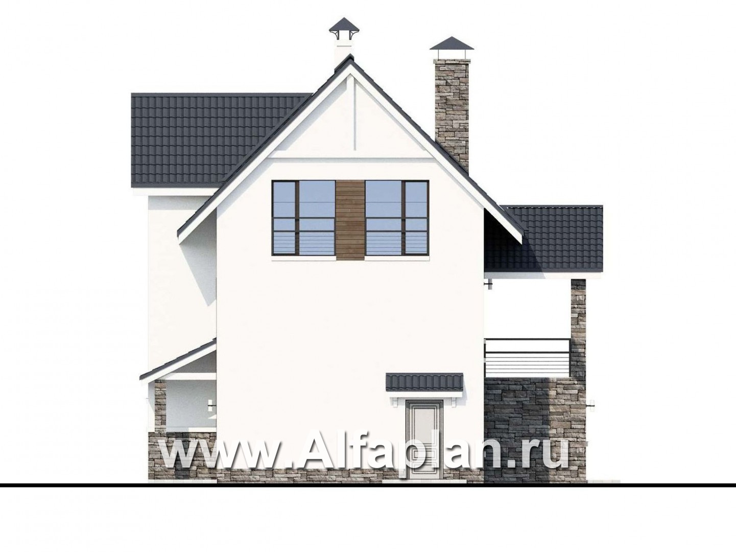 Проекты домов Альфаплан - «Альпина» - проект двухэтажного дома, с мансардой и с гаражом на 2 авто в цоколе - изображение фасада №2