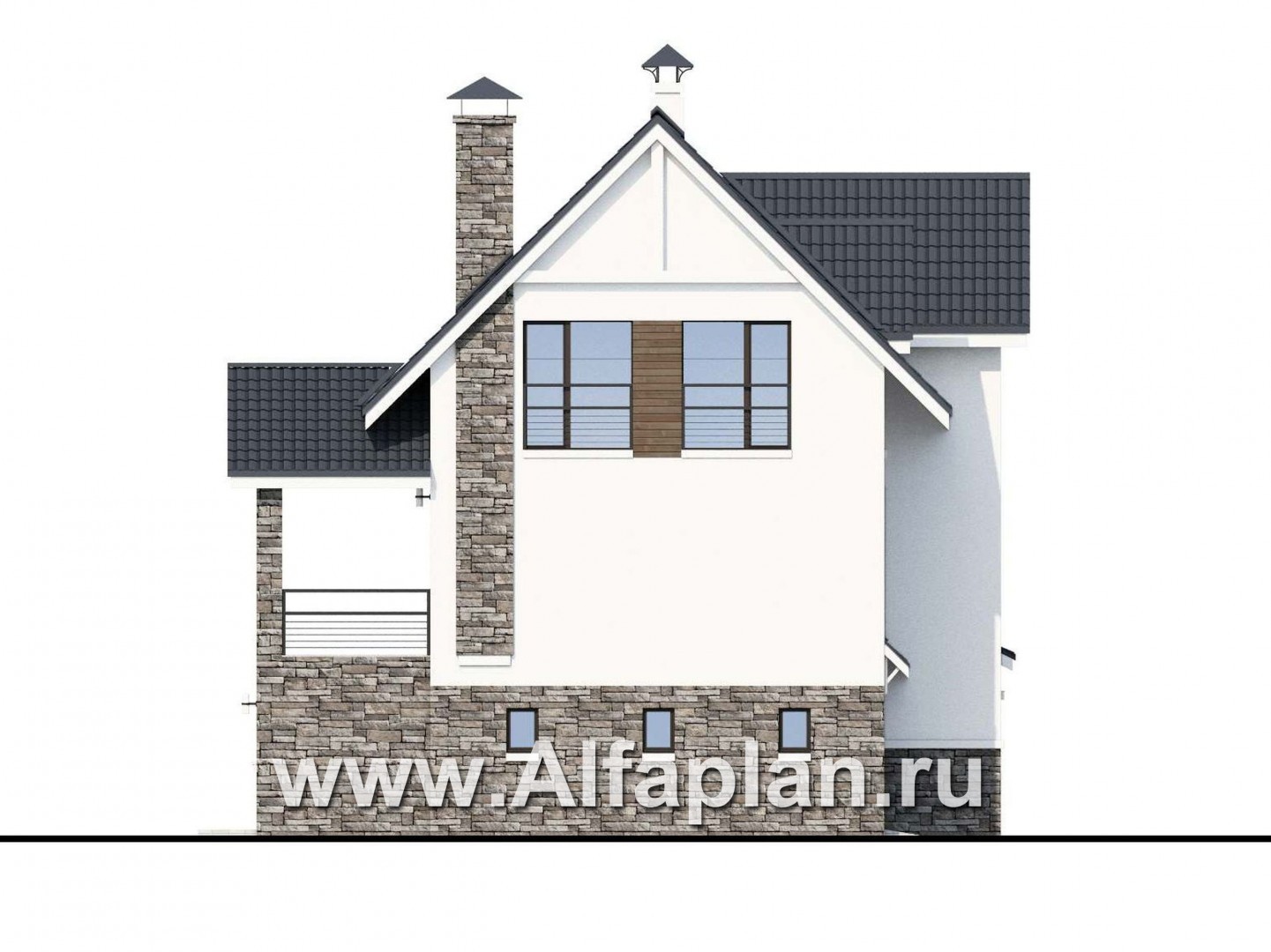Проекты домов Альфаплан - «Альпина» - проект двухэтажного дома, с мансардой и с гаражом на 2 авто в цоколе - изображение фасада №3
