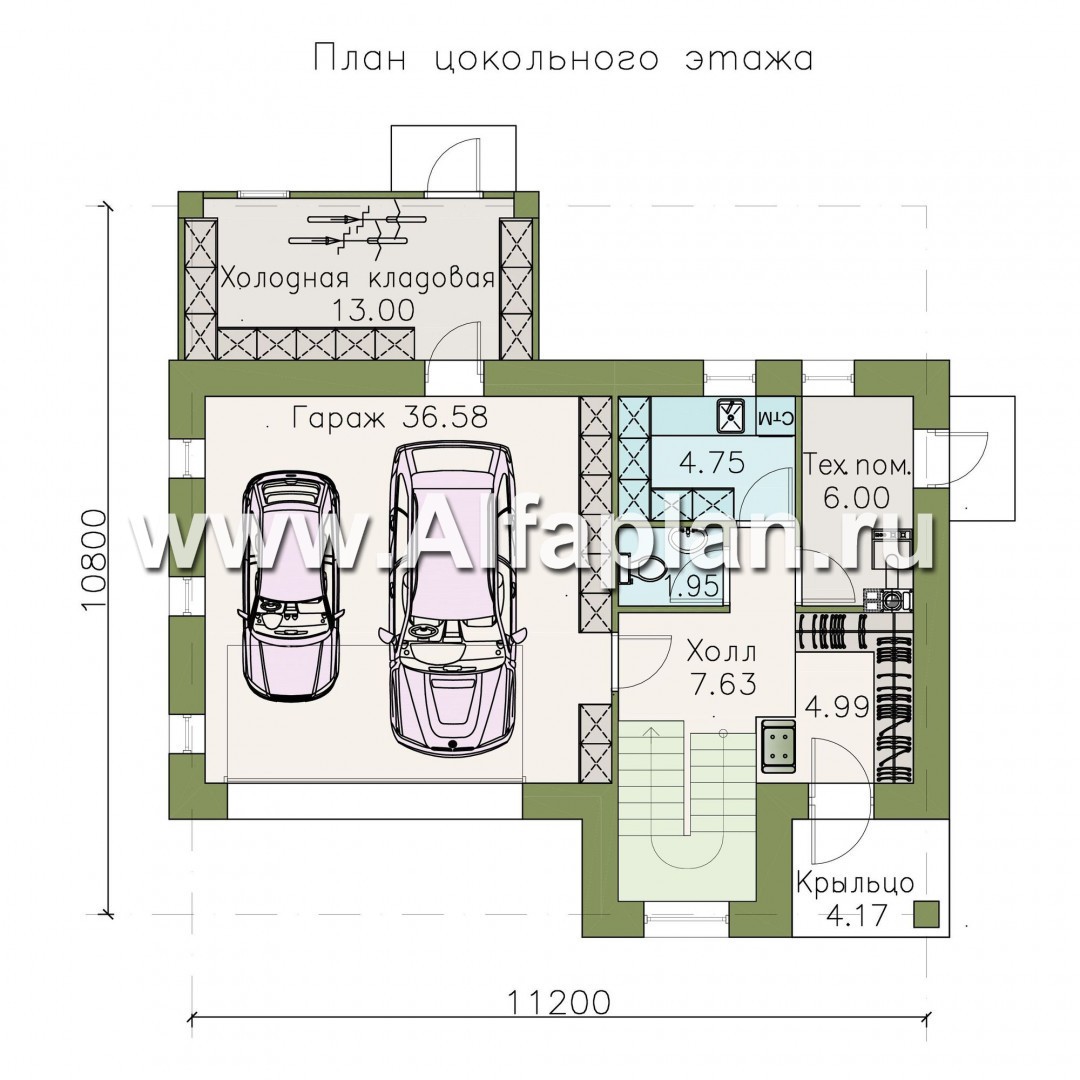 Проекты домов Альфаплан - «Альпина» - проект двухэтажного дома, с мансардой и с гаражом на 2 авто в цоколе - план проекта №1