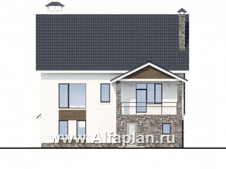 Проекты домов Альфаплан - «Альпина» - проект двухэтажного дома, с мансардой и с гаражом на 2 авто в цоколе - превью фасада №4
