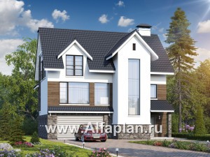 Проекты домов Альфаплан - «Альпина» - проект двухэтажного дома, с мансардой и с гаражом на 2 авто в цоколе - превью основного изображения