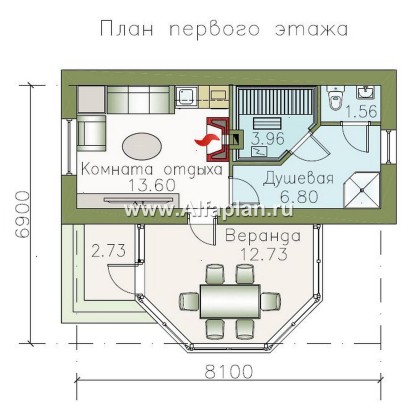 Проект бани с остекленной верандойв форме кристалла - превью план дома