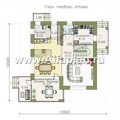 Проекты домов Альфаплан - «Галант» - небольшой мансардный дом с удобной верандой - превью плана проекта №1