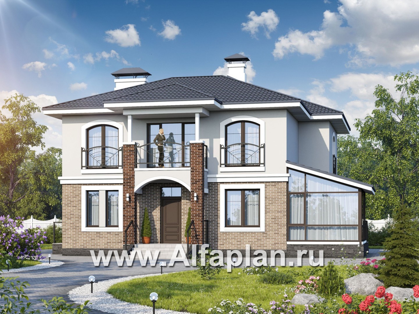 Проекты домов Альфаплан - Респектабельный коттедж с большой остекленной верандой - основное изображение