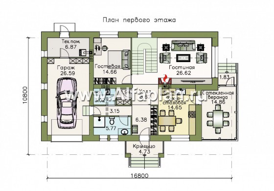 «Соблазн» - проект двухэтажного дома из газобетона, с остекленной верандой, гараж на 1 авто - превью план дома