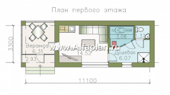 Проект бани с верандой на входе - превью план дома