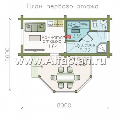 Проект бани, из дерева, из бревен, с террасой-беседкой - превью план дома