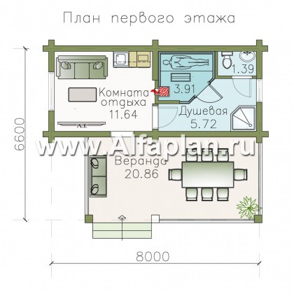 Проект бани, из дерева, из бревен, с террасой - превью план дома