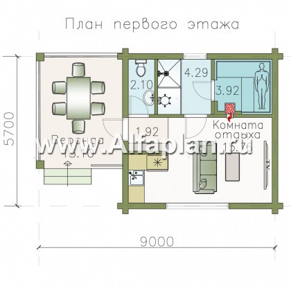 Красивый проект бани, из дерева, из бревен, с террасой - превью план дома