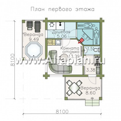 Проект бани, из дерева, из бревен, с террасой, с расположением в углу участка - превью план дома