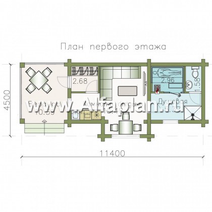 Проект бани, из дерева, из бревен, с террасой, вдоль границы участка - превью план дома