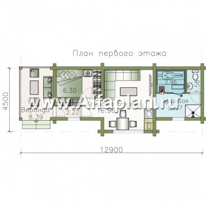 Проект бани, из дерева, из бревен, с террасой, с гостевой спальней, вдоль границы участка - превью план дома