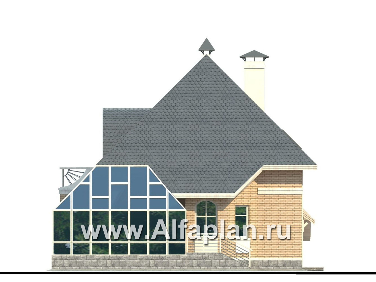 Проекты домов Альфаплан - «Кристалл» - загородный дом с оранжереей - изображение фасада №2