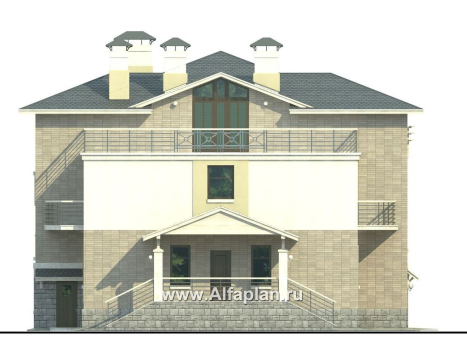 Проекты домов Альфаплан - «Три  семерки» - проект трехэтажного дома, гараж в цоколе, второй свет и панорамные окна, современный дизайн дома - превью фасада №3
