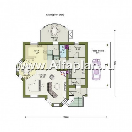 Проекты домов Альфаплан - «Фаворит» - коттедж с эркером и навесом для машины - превью плана проекта №1
